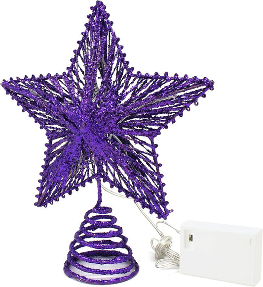 CVHOMEDECO. Purple Glittered 3D Tree Top Star with Warm White LED Lights and Timer for Christmas Tree Decoration and Holiday Seasonal Décor, 8 x 10 Inch