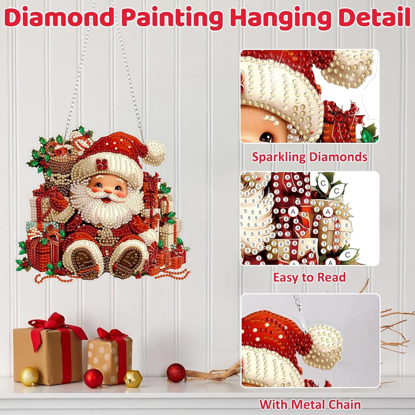 MEIYUDA Christmas Diamond Art Hanging Kits for Adult, Santa Claus Diamond Painting Hanging Kits Ornaments, DIY Special Shaped Rhinestone Window Pendants kit for Home Garden Wall Decor Gift