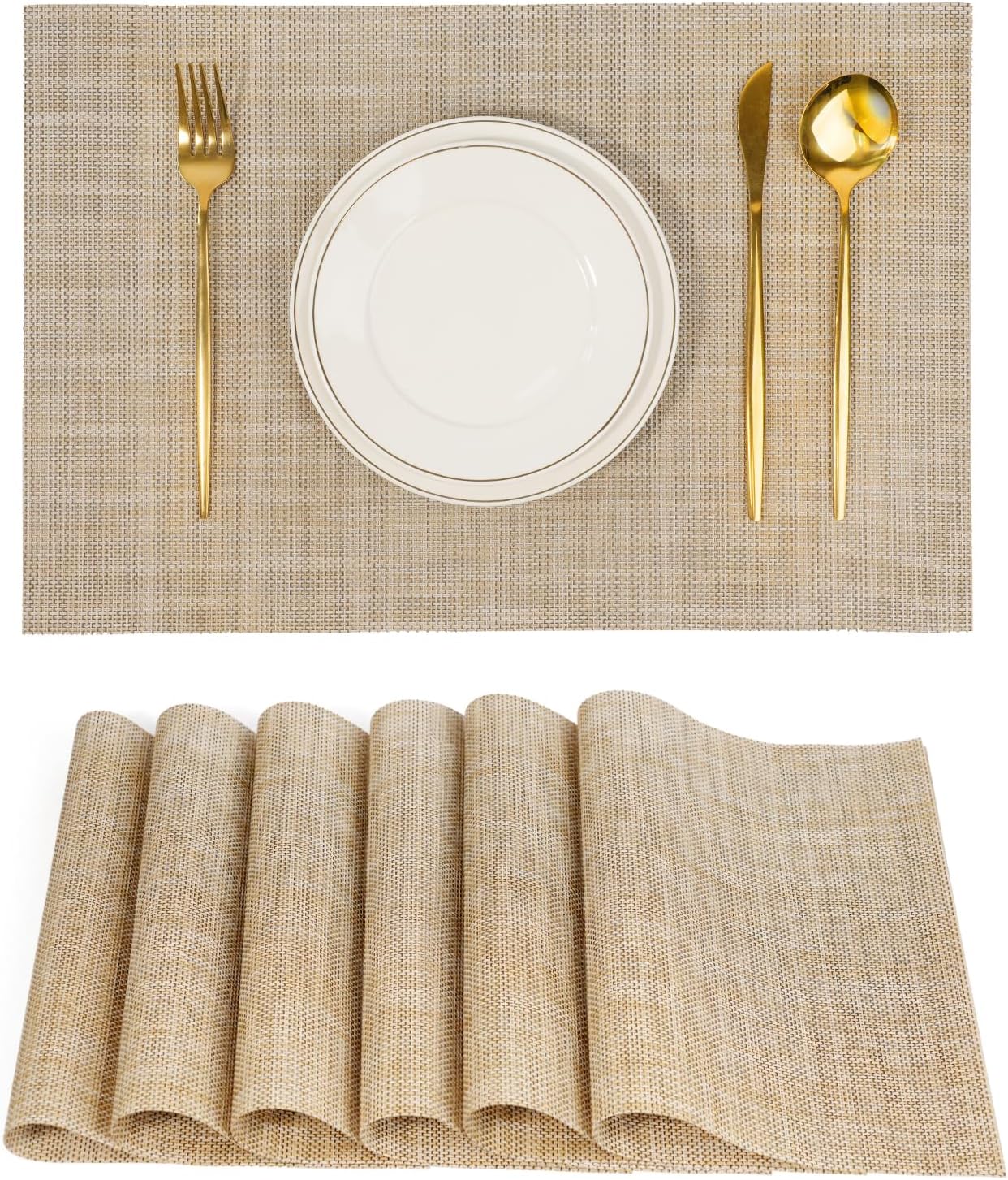 Placemats Set of 6，Non-Slip PVC Weave Table Mats Easy to Clean，Heat Resistant Place Mats for Kitchen Dining Table Decoration Indoor Outdoor，Beige