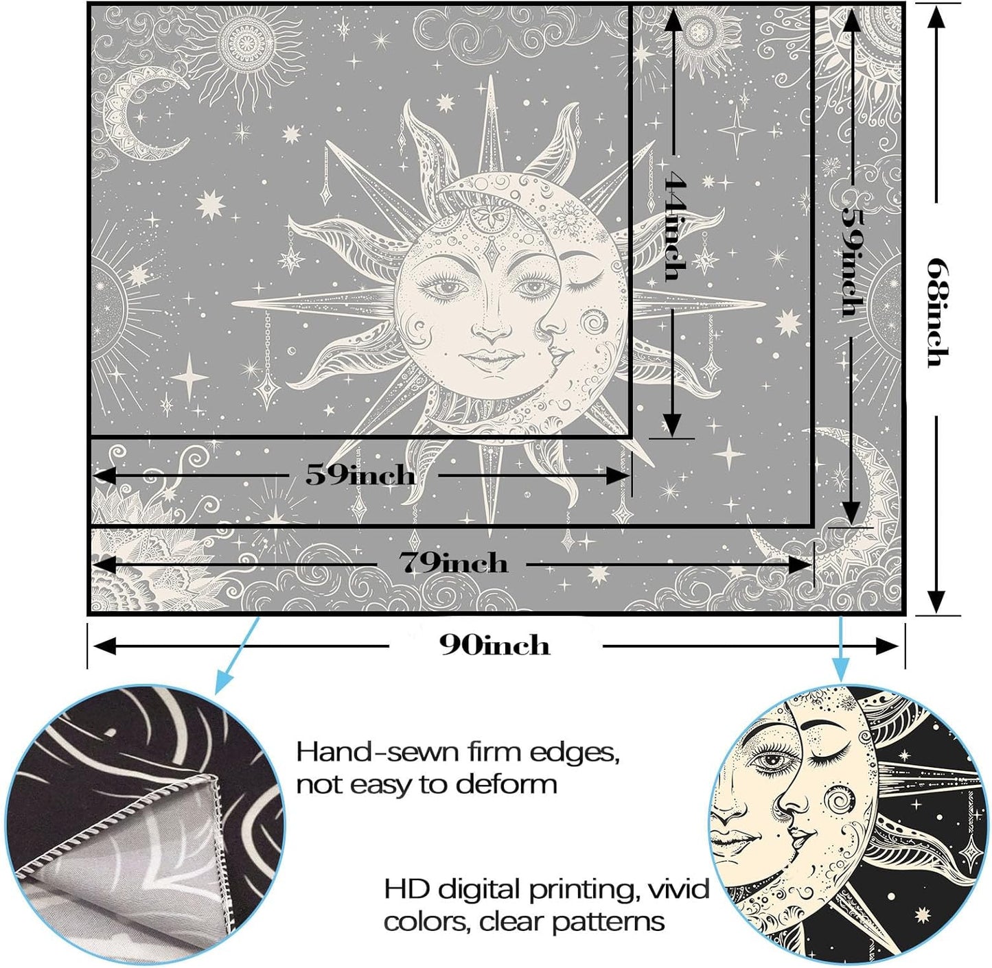 Lunerfex Sun and Moon Tapestry Mandala Wall Tapestry, Vintage Tapestries for Bedroom Ceiling Tapestries Wall Hanging for Bedroom Living Room Decor Sun-2 70"x90"