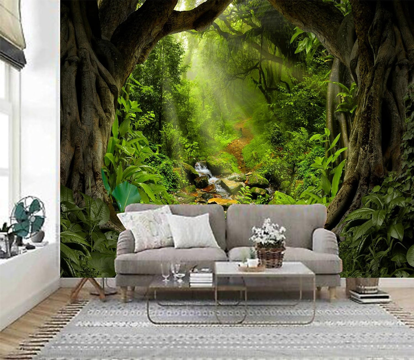 Misty Forest Tree Cave Tapestry Nature Green Tapestry Enchanted Rainforest Tropical Jungle Sunshine Flowing Stream Landscape Wall Tapestries for Living Room Bedroom Dorm Office (50" × 60")