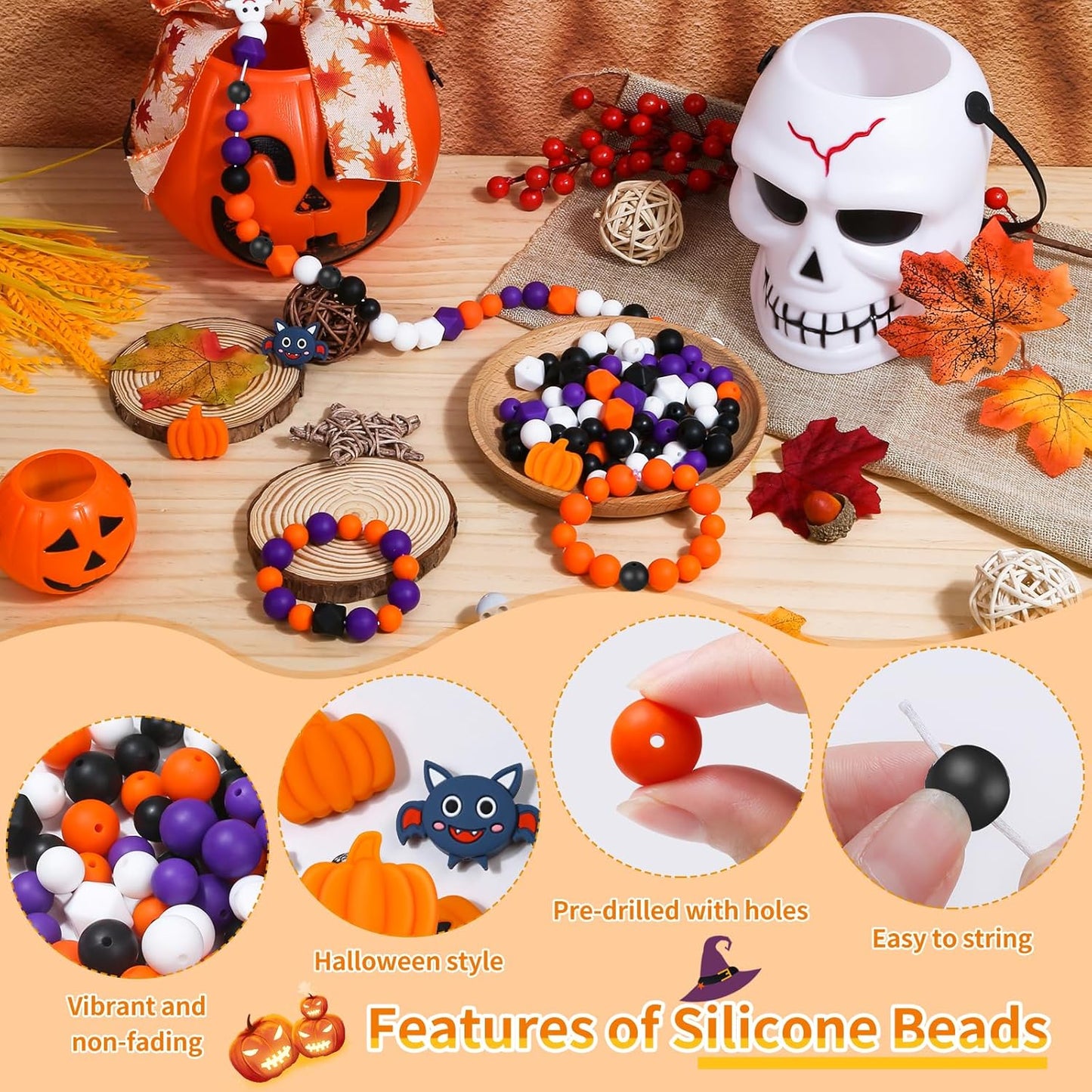 145 PCS Halloween Silicone Beads Kit - Round Loose Beads with Pumpkin Skull, Ghost, Bat & Polygonal Pastel Shapes for DIY Home Decor, Crafts & Jewelry Making
