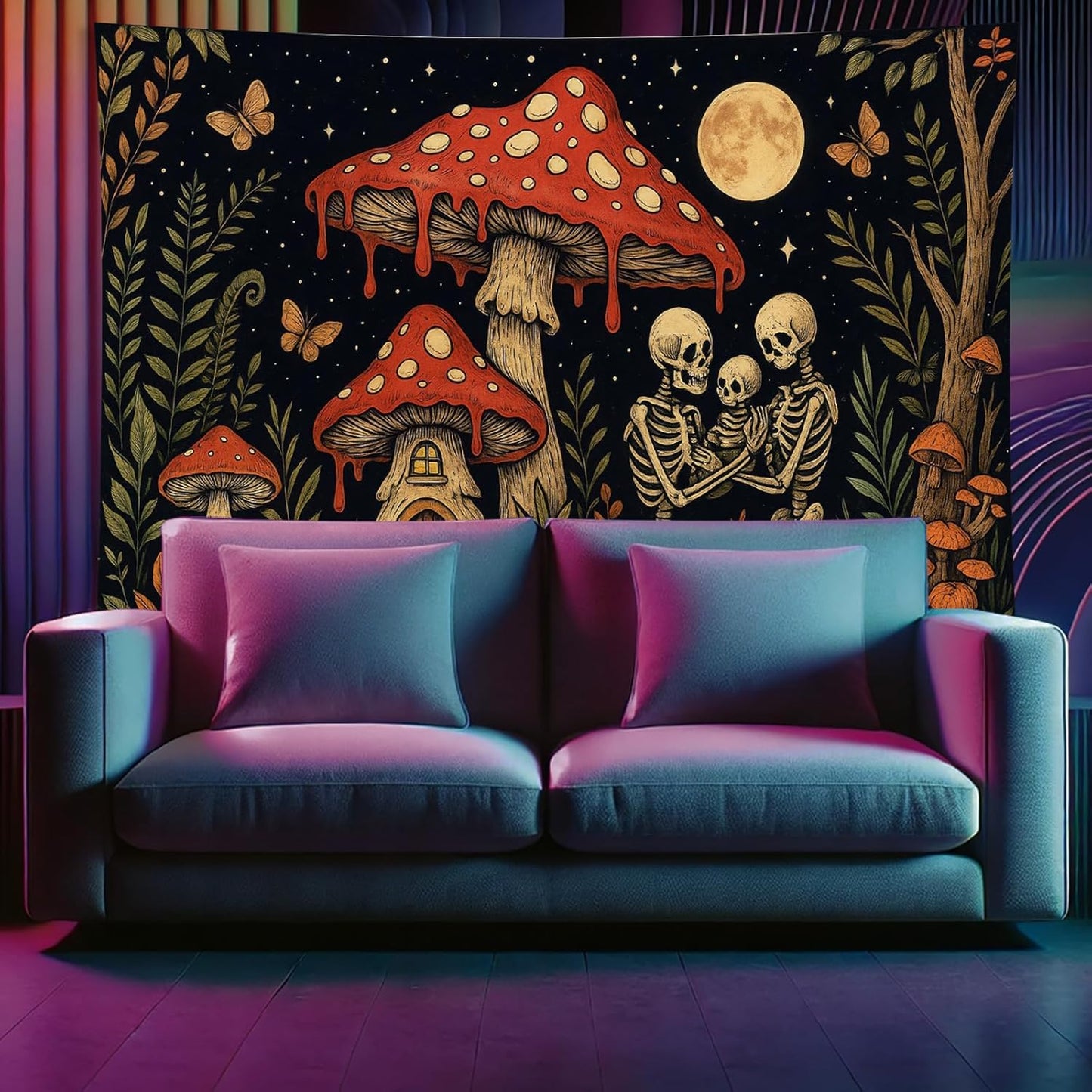 Starlit Patio Skeleton Family Blacklight Tapestry UV Reactive Wall Hanging Mushroom House and Moon for Bedroom Dorm Living Room Glowing Cottagecore Decor Fluorescent Trippy Poster 78 x 59 Inch