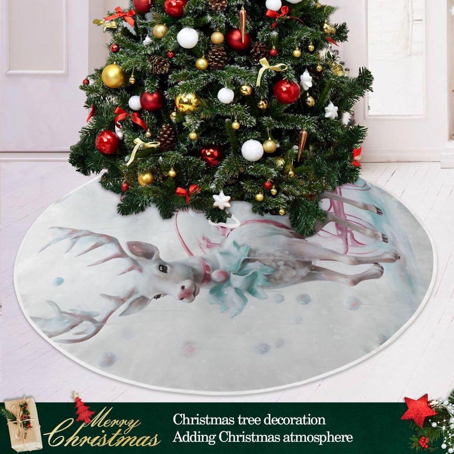 Christmas Tree Skirt - 36 Inch Santa Claus Pink Reindeer Xmas Tree Mat for New Year Party Decorations