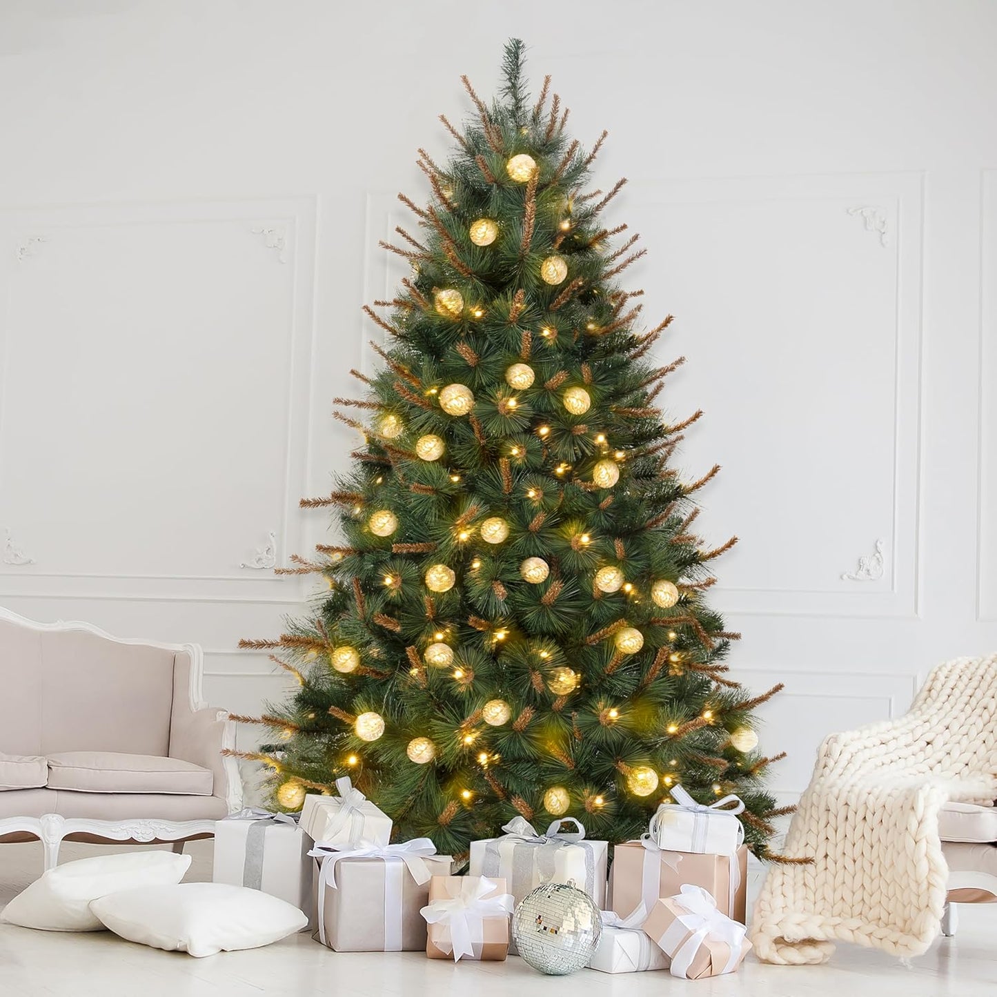 Selena 7.5ft Prelit Artificial Christmas Tree with 1209 Branch Tips, 400 Warm Lights and Metal Stand, 50" Wide Realistic Withered Christmas Tree with Lights by Naomi Home