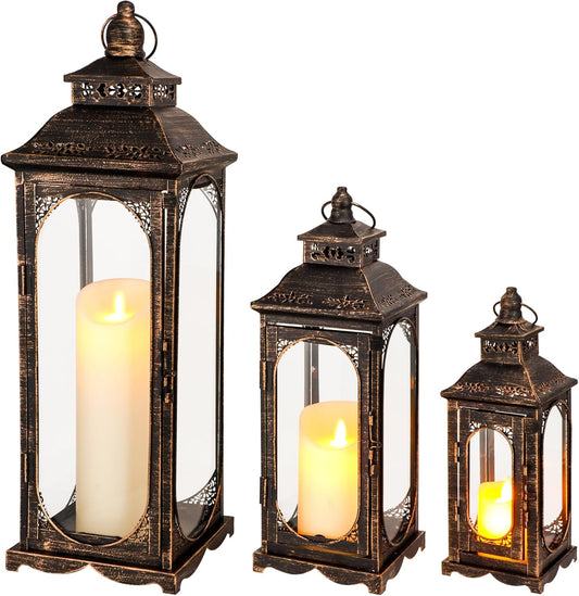 TRIROCKS Set of 3 Vintage Candle Lanterns 10/14/19.5''H Decorative Outdoor Lantern Metal Candle Holder with Tempered Glass for Home Living Room Garden Yard Event Indoor Outdoor (Black with Gold Brush)