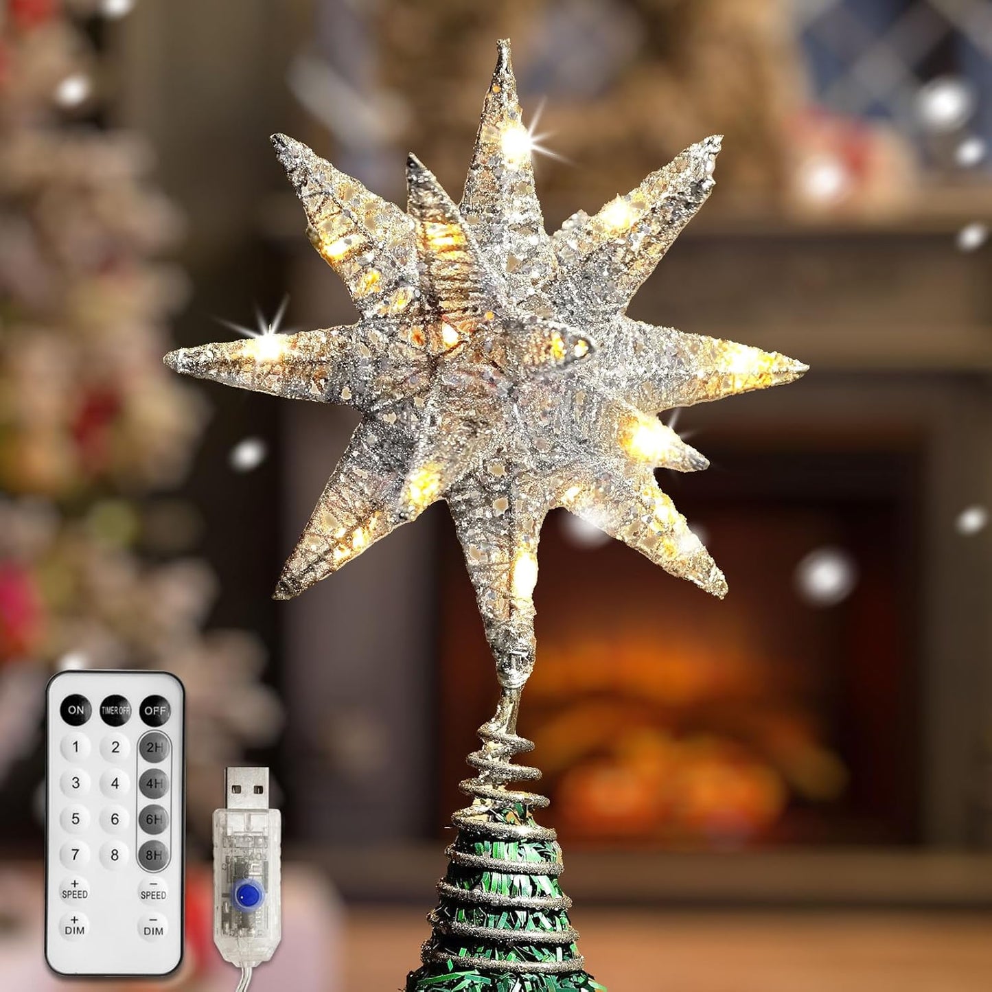 Christmas Tree Topper Star with White 50 LED Lights, Star Tree Topper for Christmas Tree Tradition Moravian Decor, 11X 7.87 Inch with 5m Long Line, Estrella para Arbol De Navidad, Silver