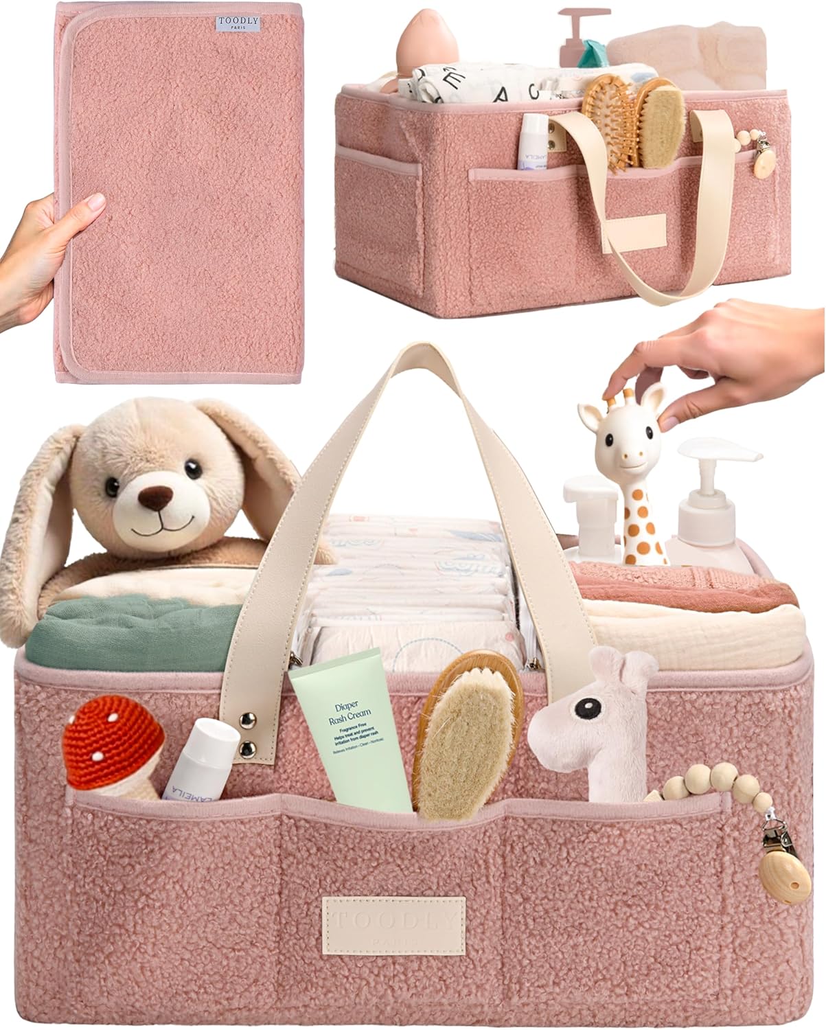 Baby Diaper Caddy Organizer with Portable Changing Mat - Teddy Fleece Diaper Organizer for Changing Table - Basket for Changing Essentials - Baby Essentials Organizer with Removable Dividers