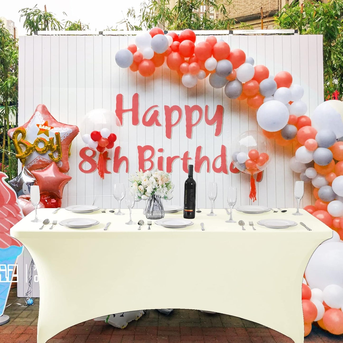 SuperO Waterproof Spandex Table Cover for 6FT Table Universal Fitted Stretch Tablecloth for Party, Banquet, Wedding and Events-Ivory