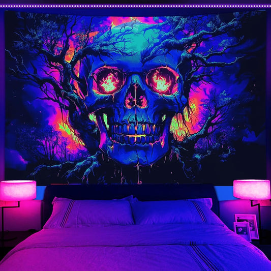 Xiaoput Blacklight Fire Skull Tapestry for Bedroom, Trippy UV Reactive Burning Skeleton Forest Wall Hanging Tapestries, Scary Dark Horror Glow in the Dark Tapestries for Living Room Home Dorm 60X51IN