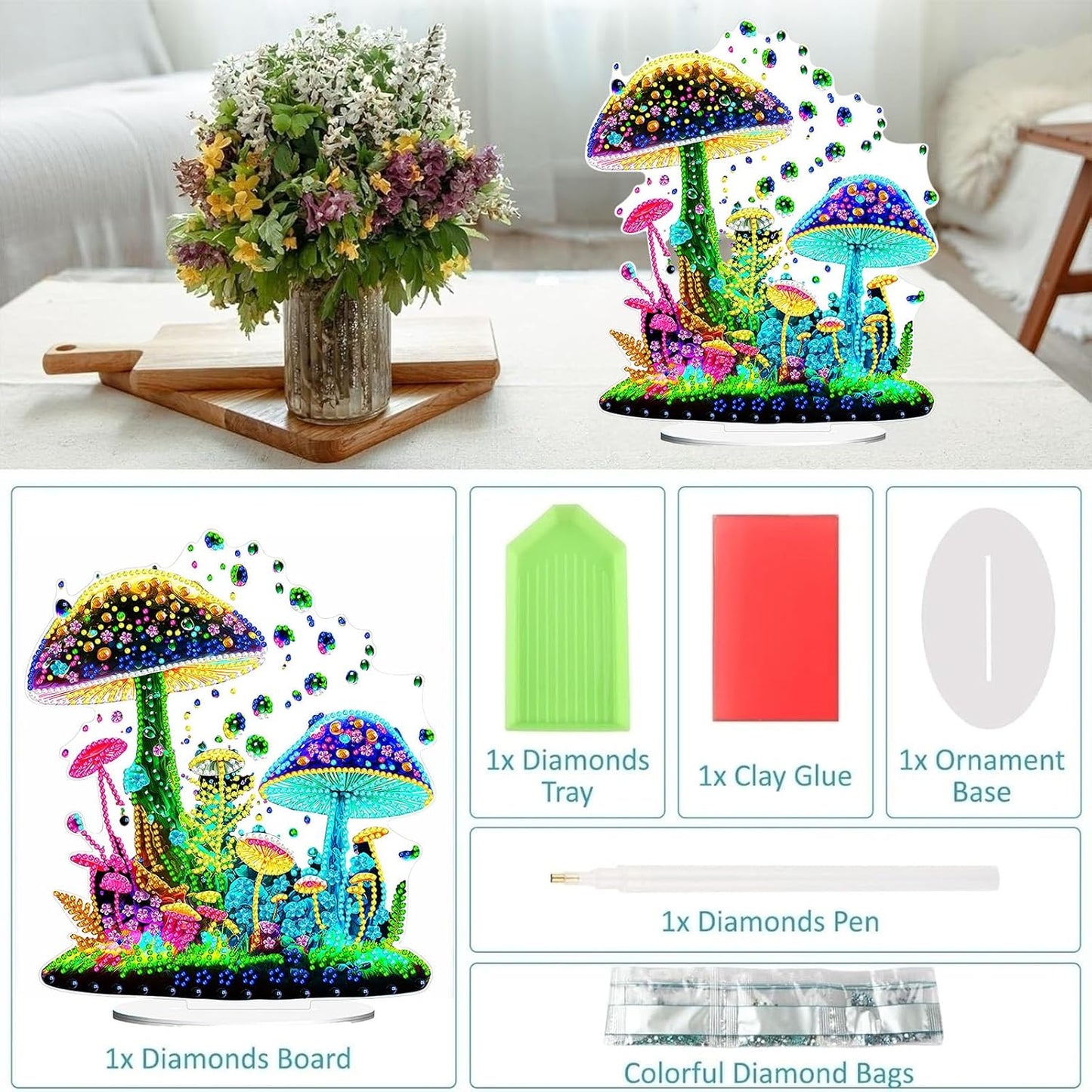 Diamond Painting Kits for Adults Beginners, 5D Full Drill Mushroom Crystal Art Desktop Ornament, DIY Single Sided Home Office Desk Decor, Creative Craft Gift Set with Tools