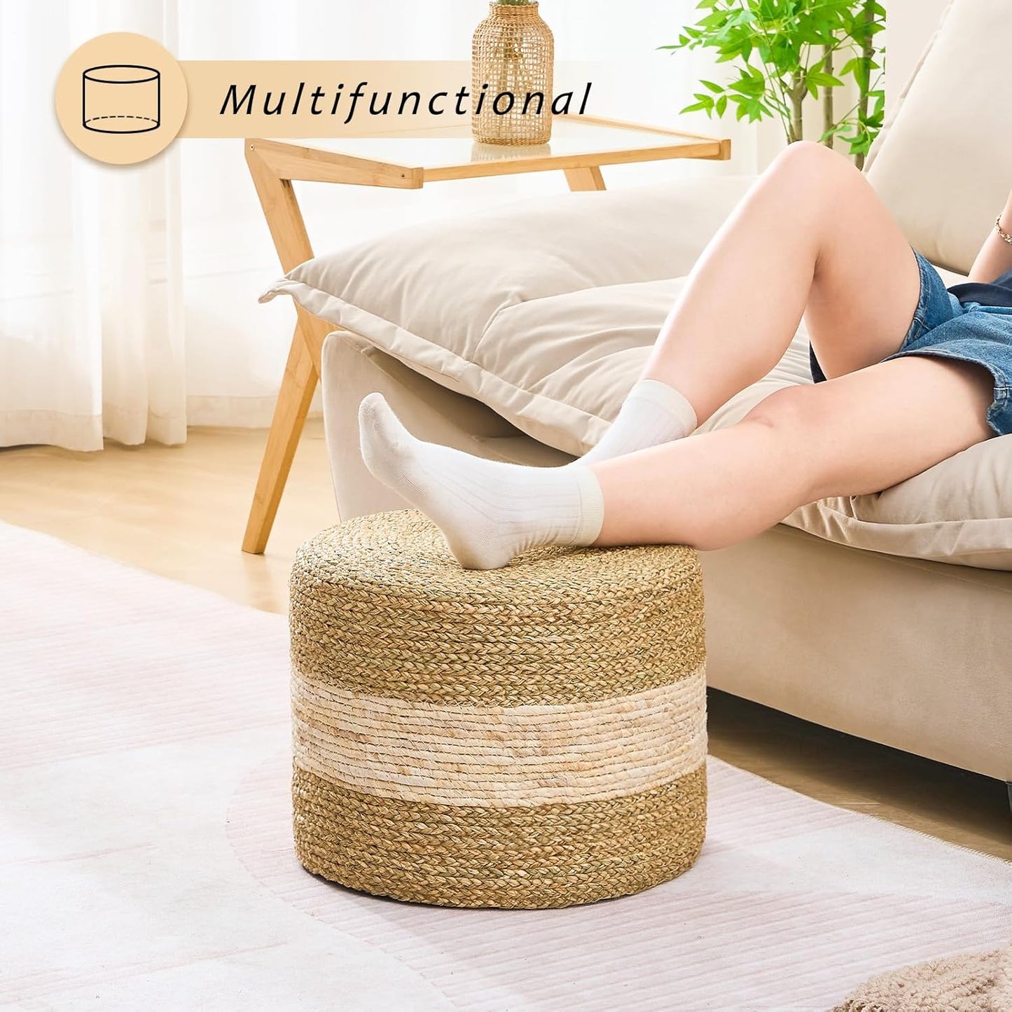 Handwoven Seagrass Ottoman Pouf, Round Outdoor Footstool with Sturdy Frame, No Assembly Needed, Boho Accent Stool for Indoor & Outdoor Use – Patio, Balcony, Living Room (Seagrass White)