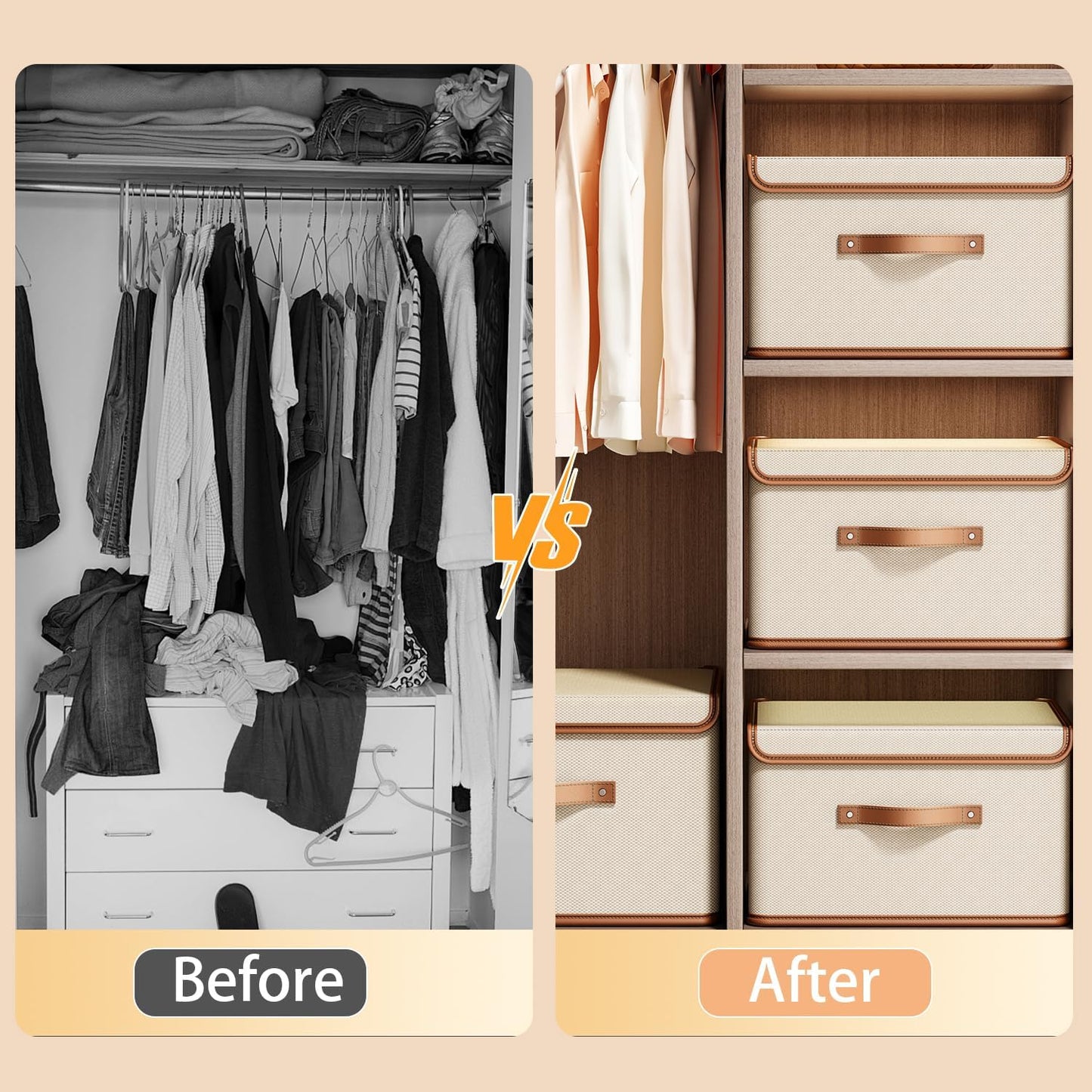 Tuza 2 Pack Storage Bins with Lids, Collapsible Closet Organizer Container, Fabric Organizer Box with Handles, Decorative Storage Boxes with Lids for Organizing Clothes, Books, File, White, Large