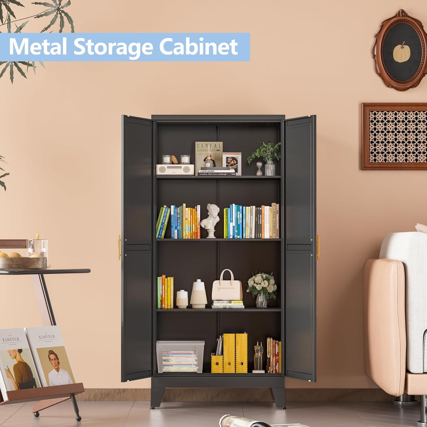 Black Metal Storage Cabinet, 48" Steel Cabinets for Home Office, Kitchen Pantry Storage Cabinet with Doors and 3 Adjustable Shelves, for Office, Home, Garage, School