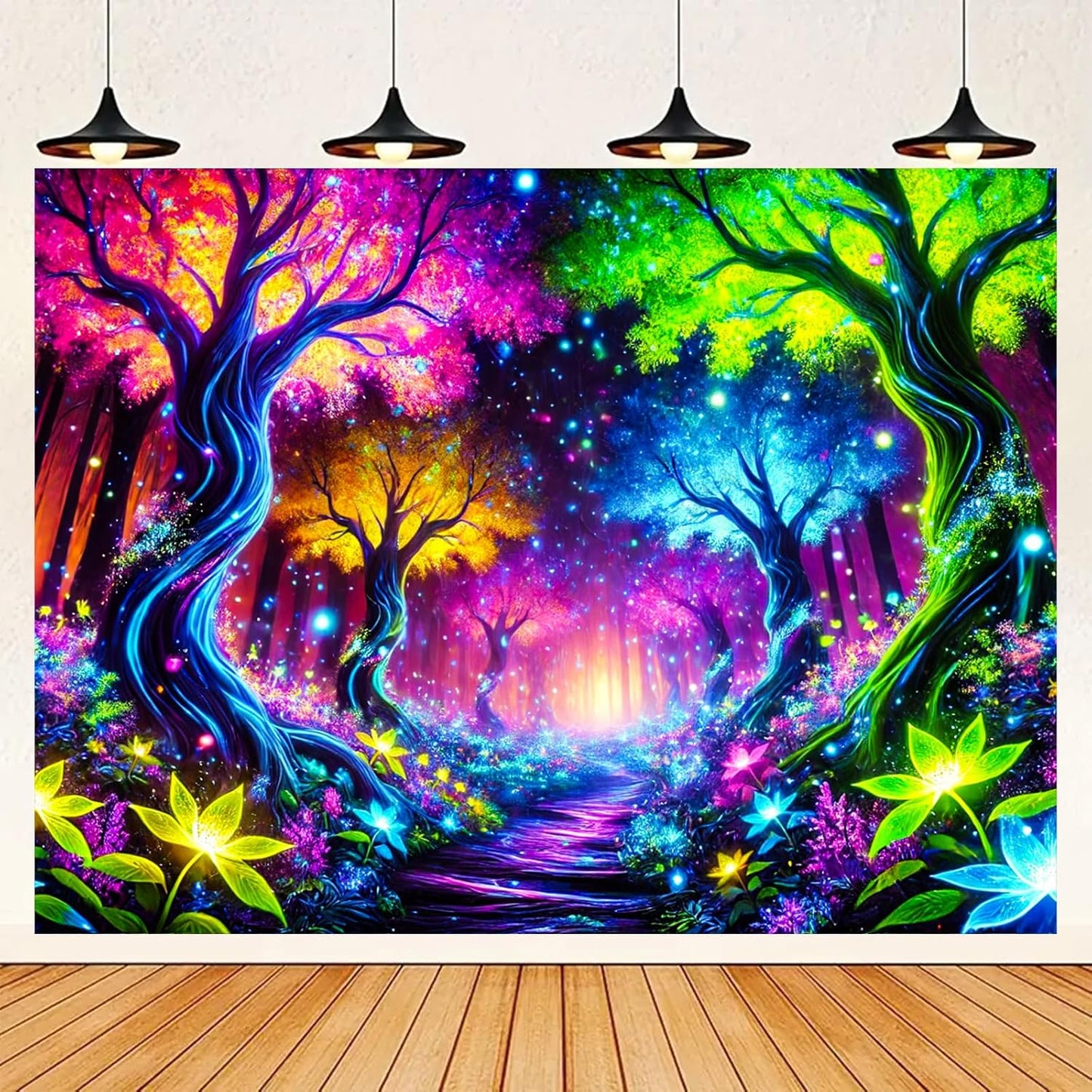BlissYard Enchanted Neon Forest UV Black Light Tapestry 78x59 Inches Art Color Neon Light Background Bedroom Living Room Wall Party Decoration Psychedelic Pathway Fantasy Nature Magic Glow Decor