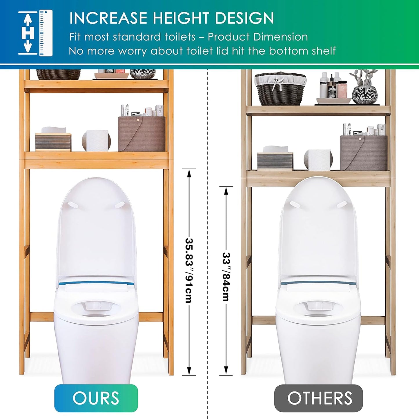 SMIBUY Bathroom Storage Shelf, Bamboo Over-The-Toilet Organizer Rack, Freestanding Toilet Space Saver with 3-Tier Adjustable Shelves (Natural)