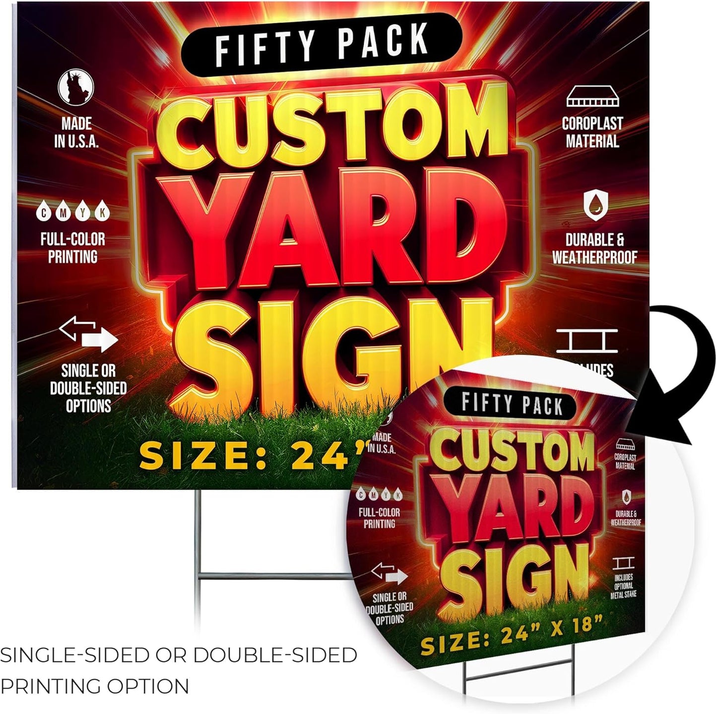 50 Pack 24"x18" Custom Yard Signs with Stakes, Personalized Yard Signs for Outdoors, Customized Full Color Print Corrugated Signs for Business