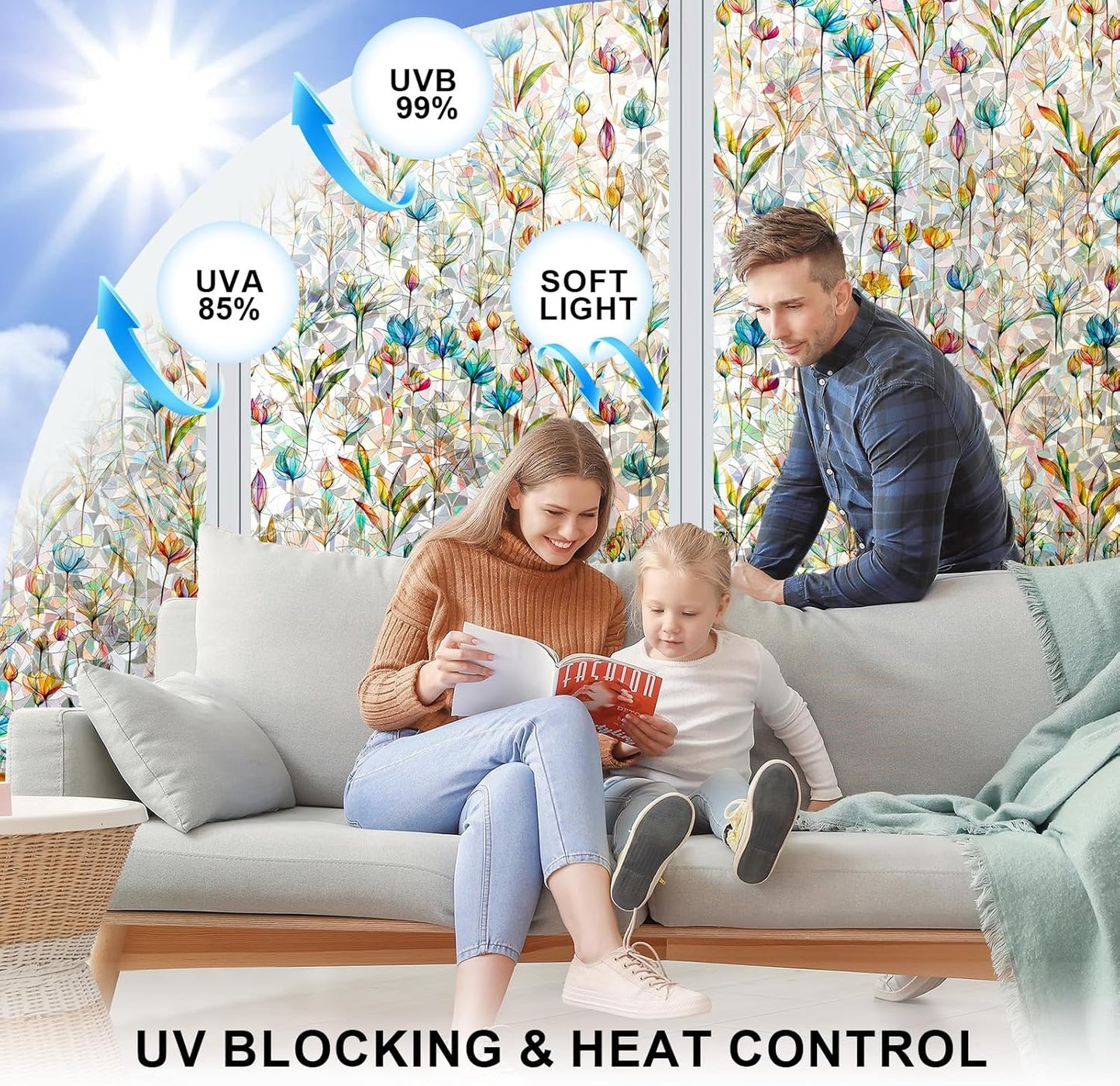 Rainbow Window Privacy Film 3D Floral Decorative Stained Glass Window Film Anti UV Non-Adhesive Reusable 17.5" x 157.4" for Home Room Car Glass Cling