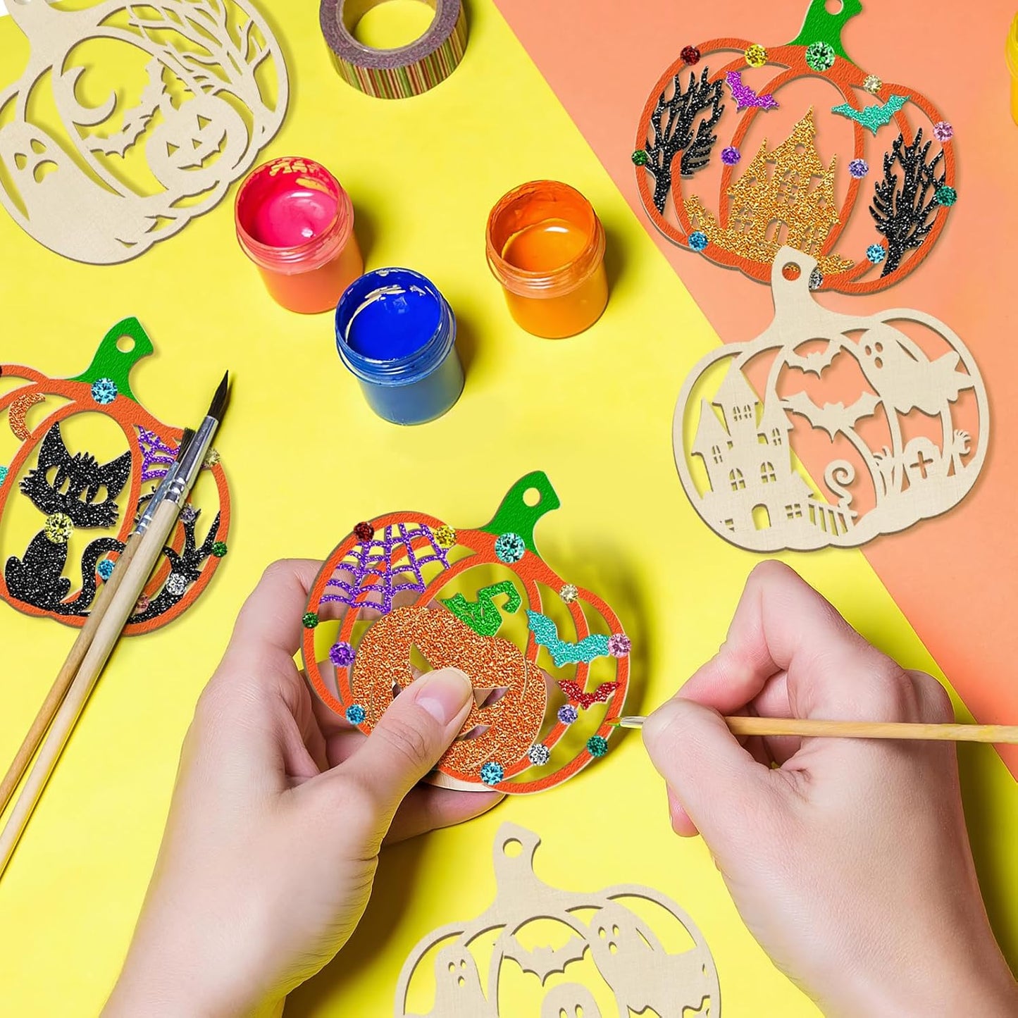 36PCS Wooden Pumpkins Ornaments to Paint Halloween Thanksgiving Decoration Cutouts Unfinished 3.5 inches, DIY Blank Unfinished Pumpkin Ornament for Home Harvest Crafts Hanging Autumn Decor（6Style）