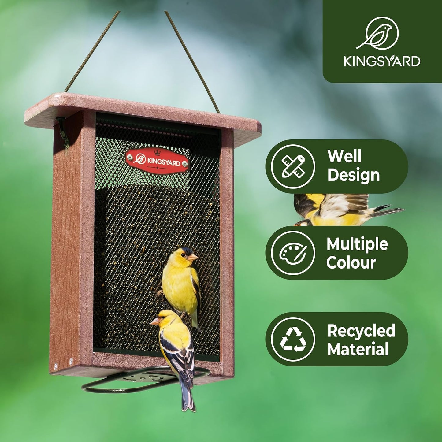 Kingsyard Metal Mesh Bird Feeder for Outdoors Hanging, Finch Feeder for Nyjer/Thistle, Sliding Mesh & Built-in Perch, Recycled Plastic, Brown