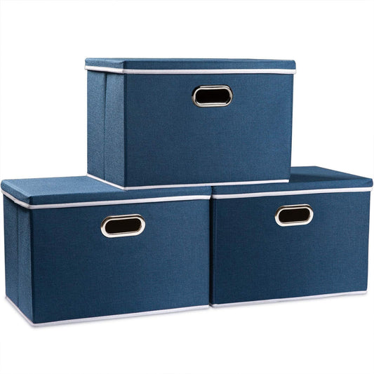 PRANDOM Large Collapsible Storage Bins with Lids [3-Pack] Fabric Foldable Storage Boxes Organizer Containers Baskets Cube with Cover for Home Bedroom Closet Office Royal Blue(17.7x11.8x11.8)