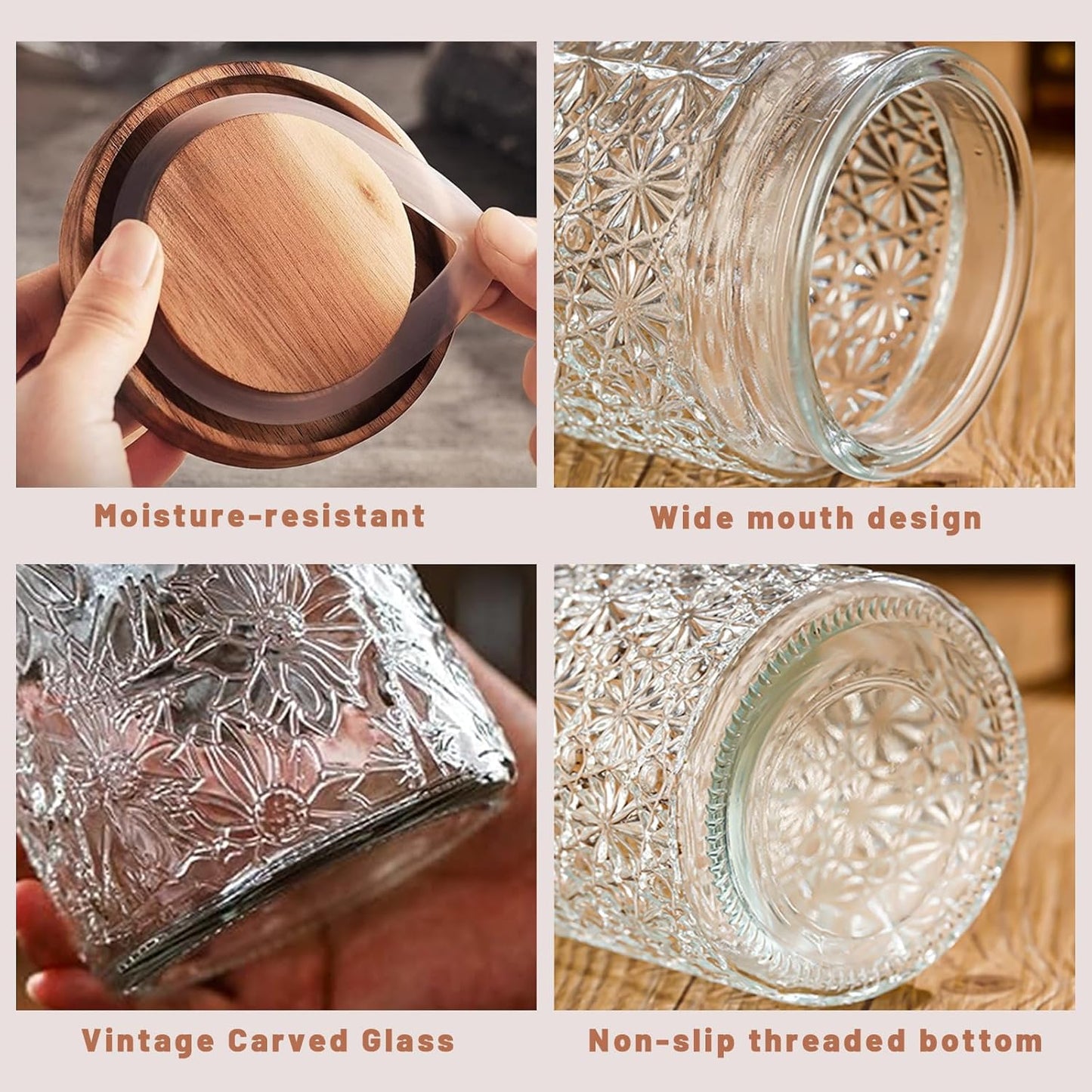 Vintage Glass Jars with Wooden Lids, 2 Pack 24 oz Airtight Glass Food Storage Containers Sets for the Kitchen, Sugar Coffee Candy Spice Cookie Tea Pasta