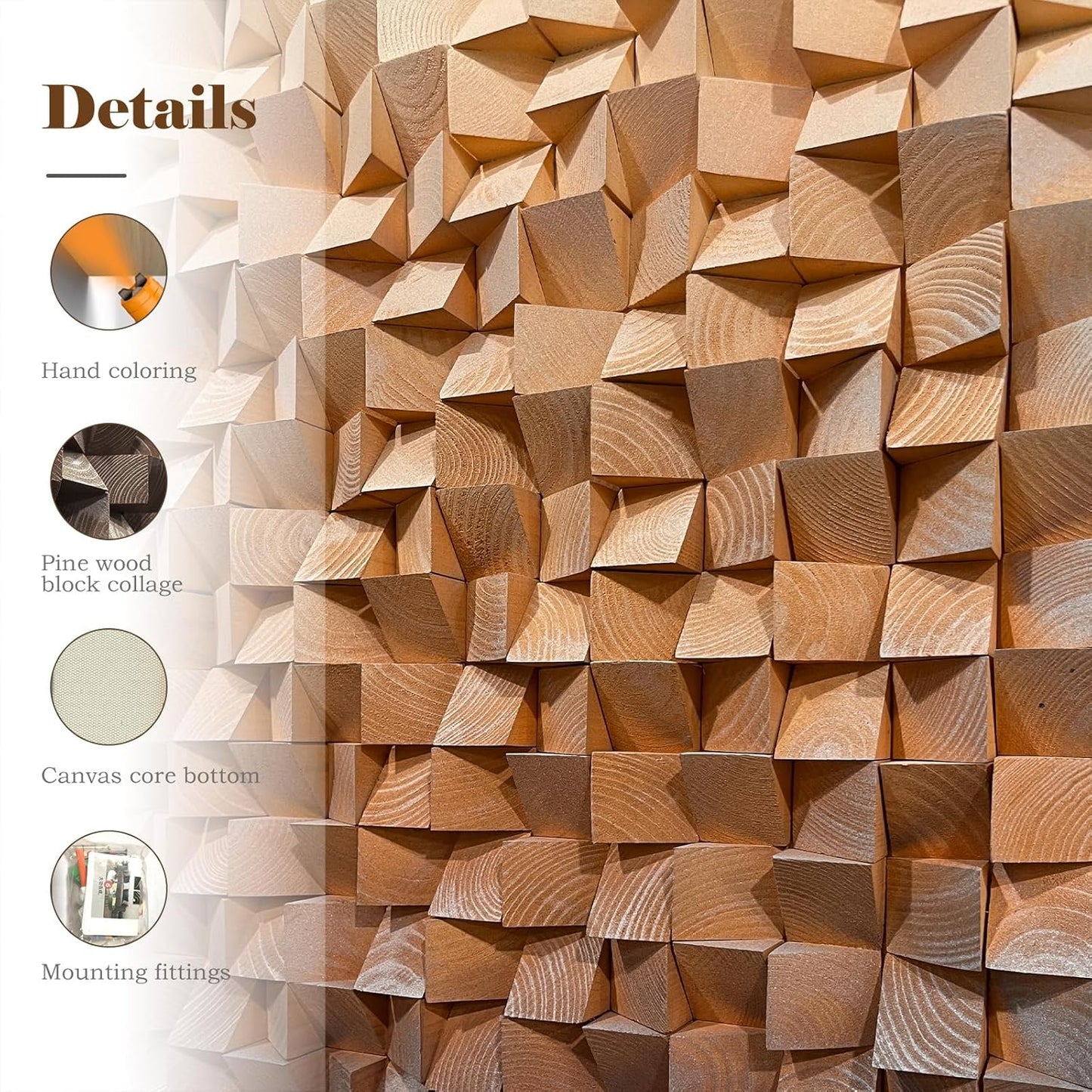 LIUZEYUE - 3D wooden block painting gradient coffee white art background wall wooden block abstract geometric wall decoration living room/bedroom/office modern minimalist style decoration 39.4"x78.7"