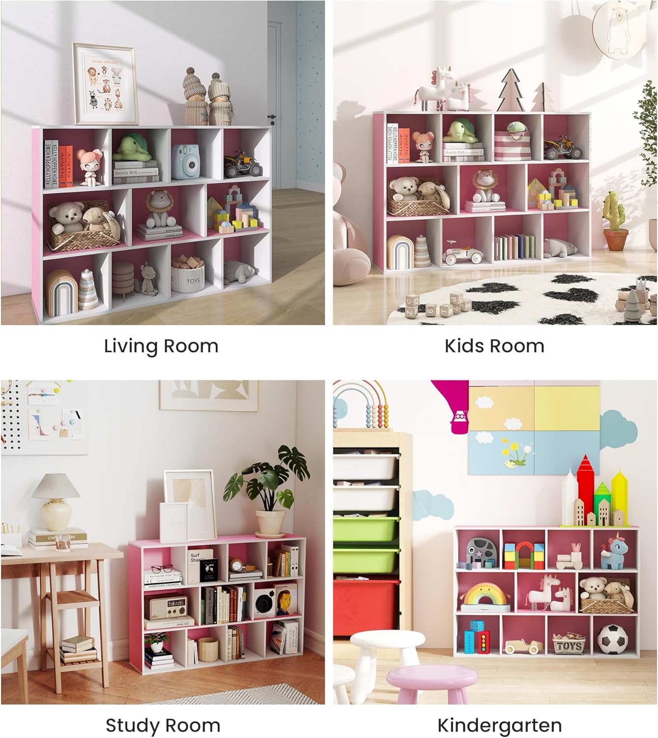 11-Cube Pink Kids Bookshelf and Toy Organizer – Wooden Storage Shelf for Girl’s Room and Nursery, Ideal Gift for Toddlers and Preschoolers