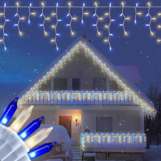 200ct Blue&Clear Mini Icicle Christmas Lights, 23FT White Wire Incandescent Bulb String Lights, Connectable Indoor Outdoor for Eaves, Window, Curtain, Party, Wedding
