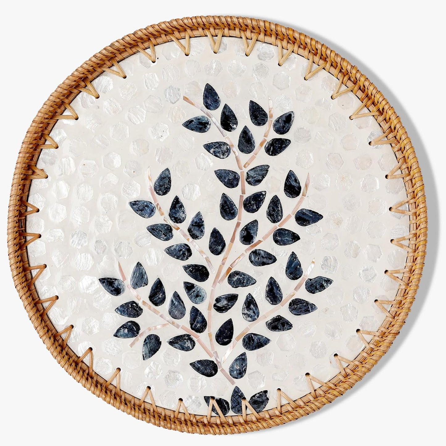 Round Rattan Tray with Mother of Pearl Inlay & Wooden Base - Decorative Wicker Serving Tray for Coffee/Bread/Fruits, Food Storage & Display - Multipurpose Home Decor
