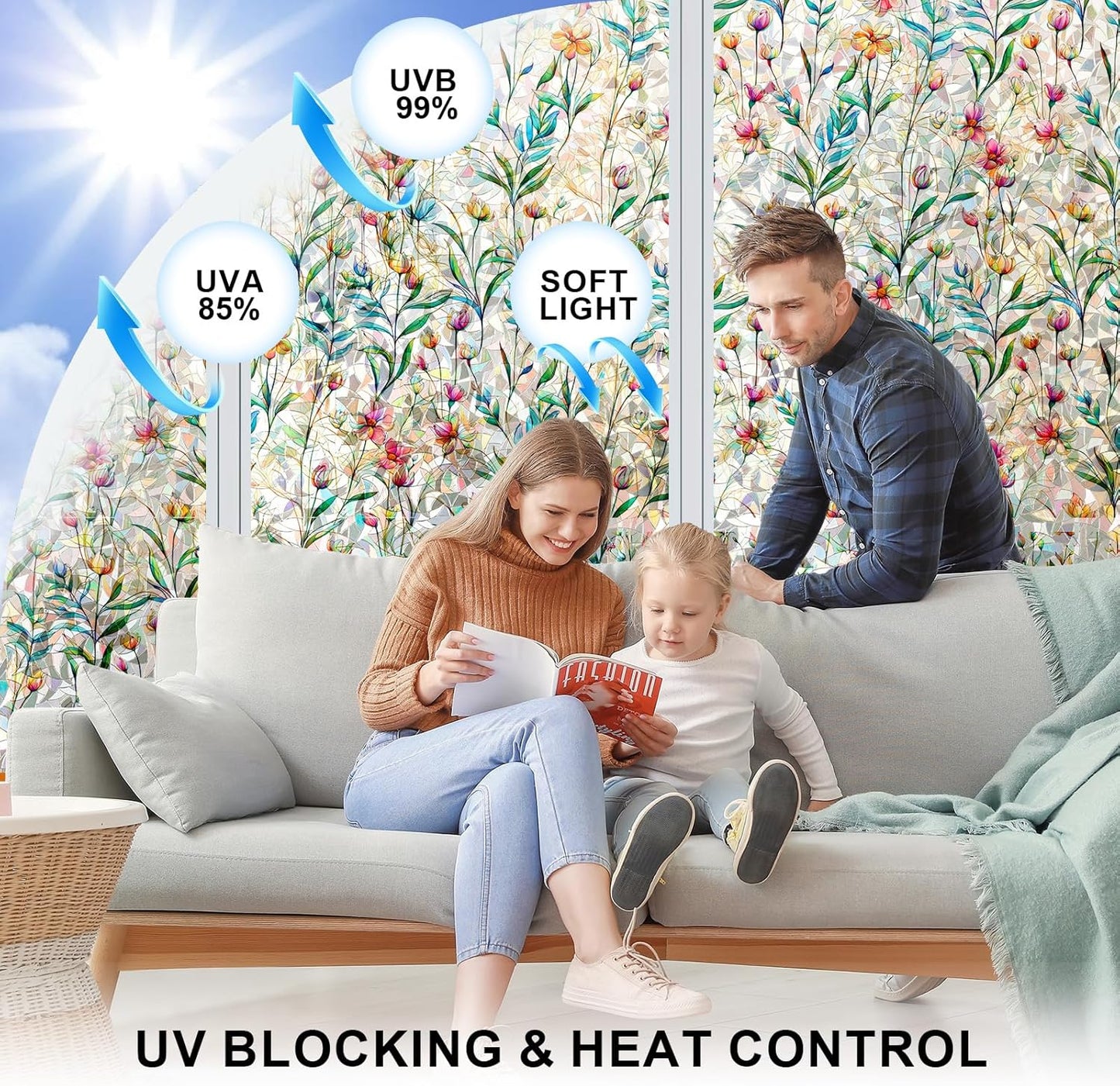 Rainbow Window Privacy Film 3D Floral Decorative Stained Glass Window Film Anti UV Non-Adhesive Reusable 17.5" x 78.7" for Home Room Car Glass Cling