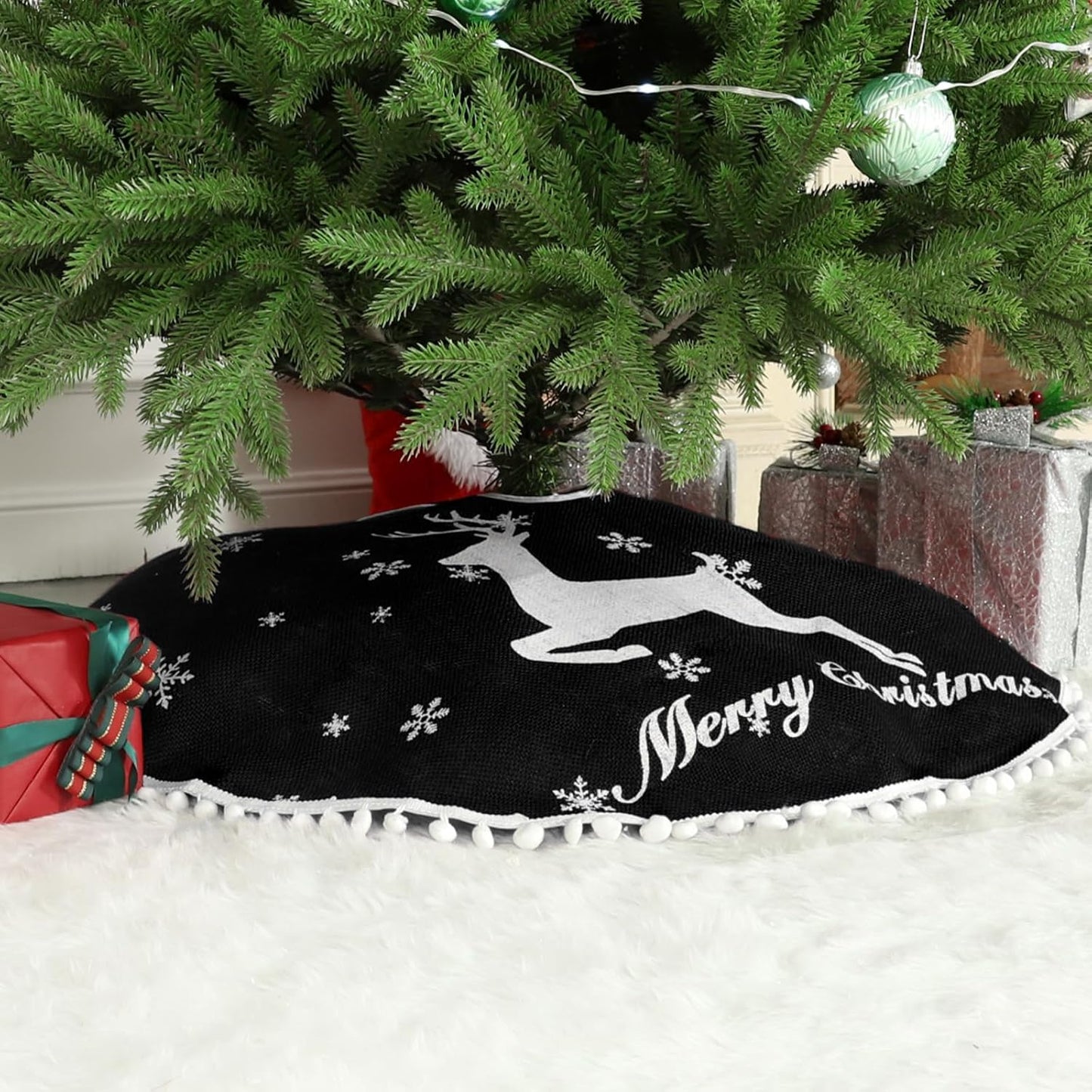 30 Inch Christmas Tree Skirt, Burlap Black Christmas Rustic Tree Skirt with Elk Deer and White Snowflake Printed for Holiday Party Xmas Tree Decoration