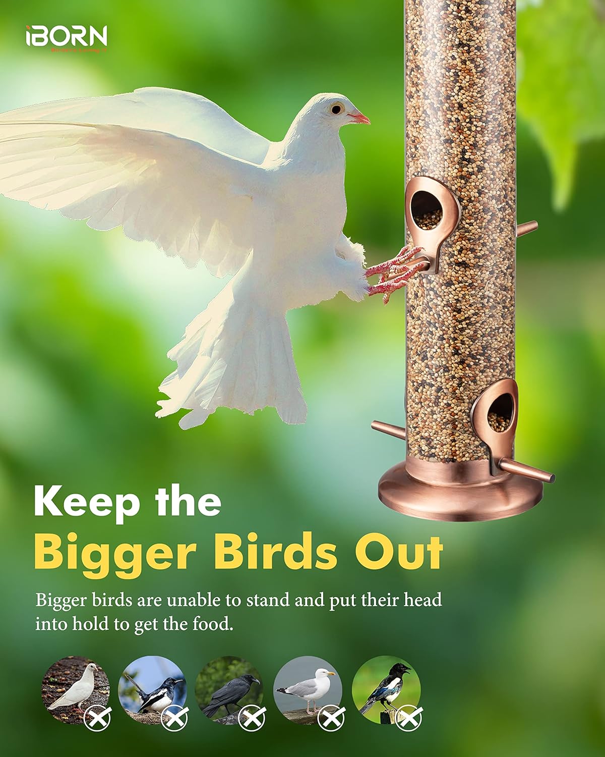 iBorn Metal Bird Feeders Metal Bird Feeder Copper for Outdoors Hanging All Metal Copper Finishing 14 Inch 4Port(Seed is not Included)