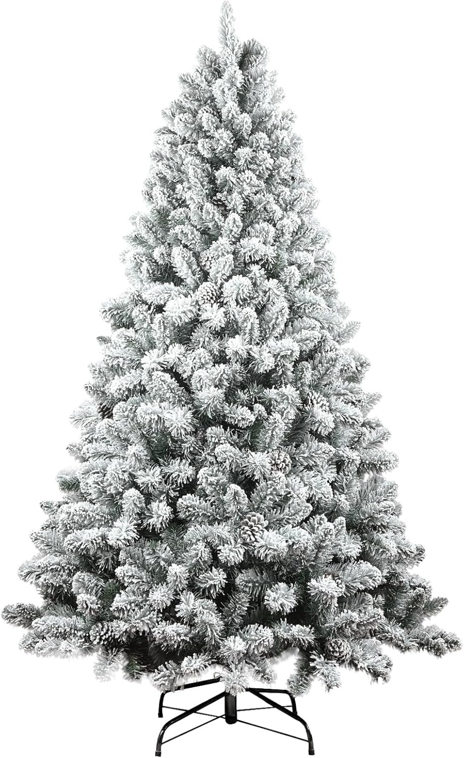 7ft Snow Flocked Christmas Tree, Premium Hinged Unlit Artificial Christmas Pine Tree with Pine Cone, Artificial Xmas Tree for Home Office Store, Metal Stand and Hinged Branches