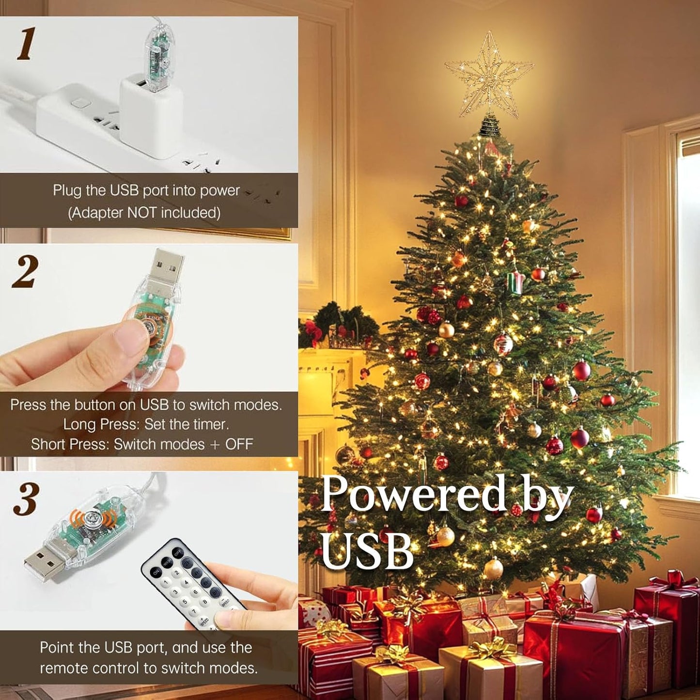 Christmas Tree Topper Star, 50 Warm LED Lights Star Tree Toppper with Glittered Pearl Beads for Christmas Tree Decorations and Xmas Holiday Seasonal Decor, Gold