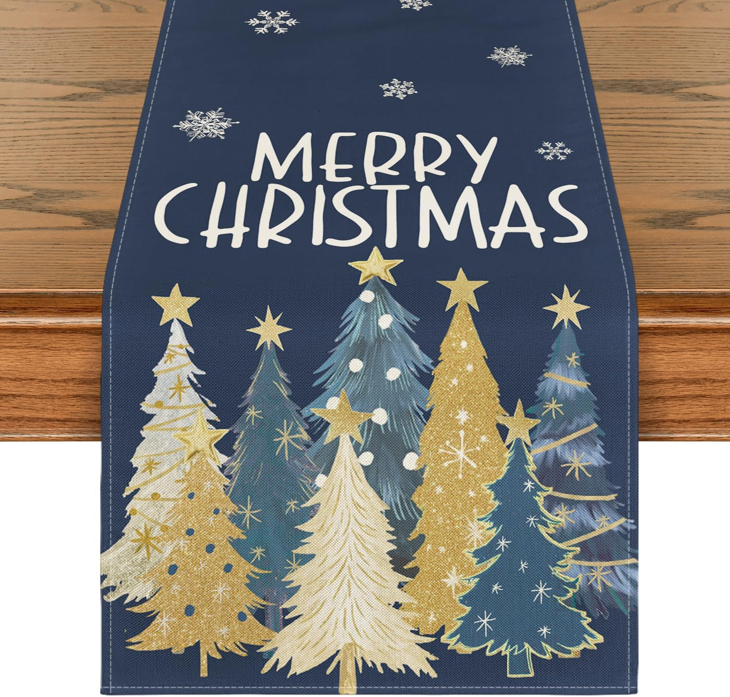 Artoid Mode Xmas Trees Snowflakes Blue Merry Christmas Table Runner, Winter Seasonal Kitchen Dining Table Decoration for Home Party Decor 13x72 Inch