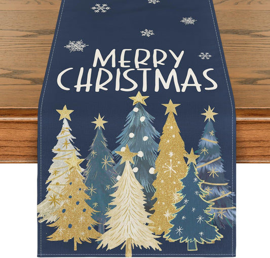 Artoid Mode Xmas Trees Snowflakes Blue Merry Christmas Table Runner, Winter Seasonal Kitchen Dining Table Decoration for Home Party Decor 13x72 Inch