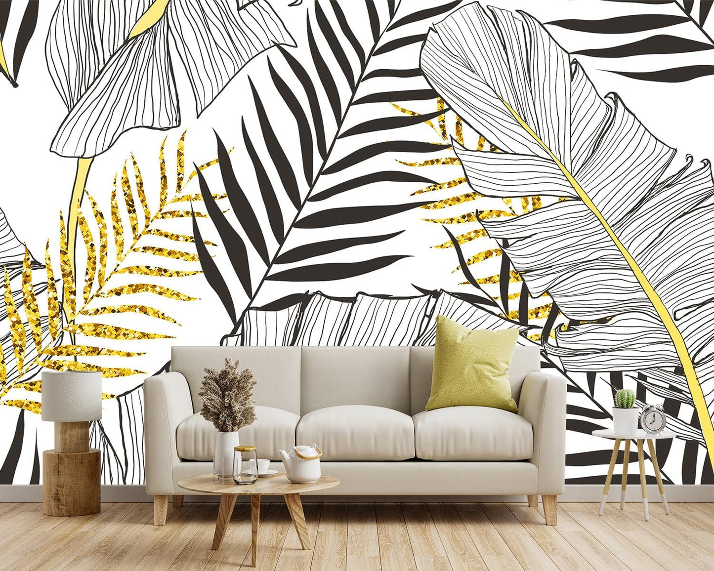 -Black and Gold Tropical Botanical Banana Leaf Fabric Wallpaper Living Room Bedroom Bathroom Abstract Plant Large Wall Mural- 160"x108"（ not Peel and Stick）