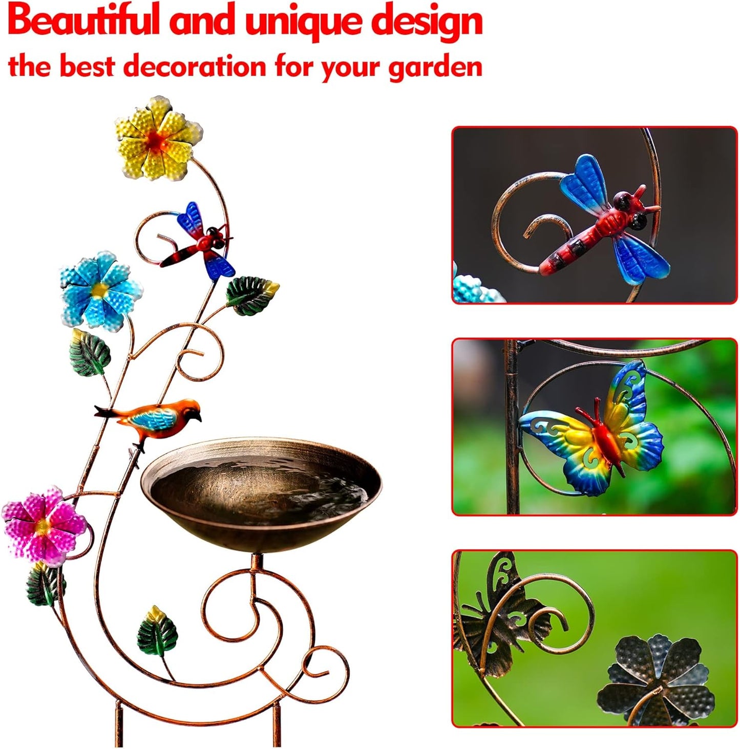 57" Height Metal Bird Bath with Trellis for Outdoor, Vintage Decorative Bird Baths, Small Garden Plant Support, Antique BirdBath for Climbing Plants with Detachable Iron Bowl (Hummingbird)