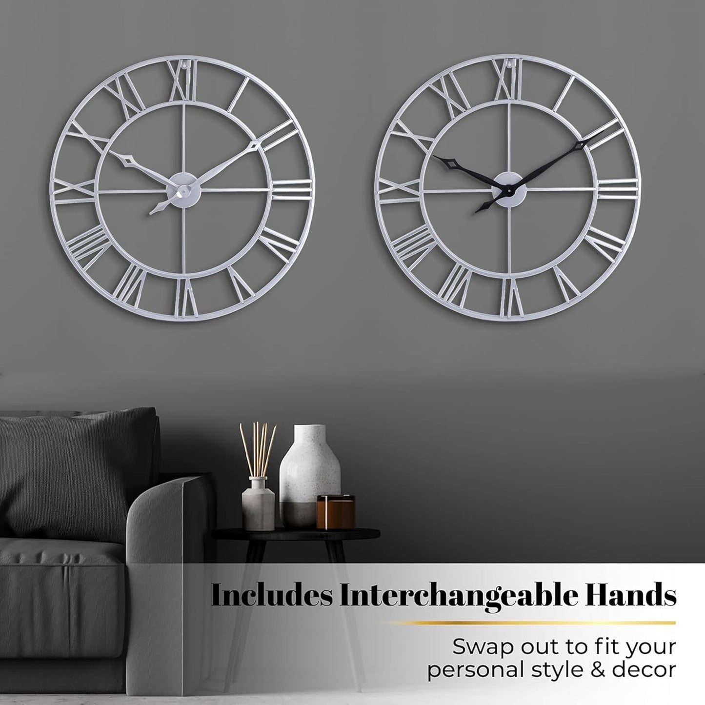 CLXEAST Large Modern 30 Inch Wall Clock Silver, Oversized Big Roman Numeral Metal Wall Clocks for Living Room Decor, Home Office