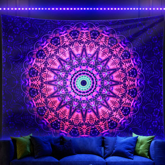 ADDWel Blacklight Mandala Boho Tapestry Glow In The Dark, Black Light Bohemian Hippie Poster Wall Hanging for Bedroom Aesthetic Wall and Room Decor (30" x 40", Mandala)