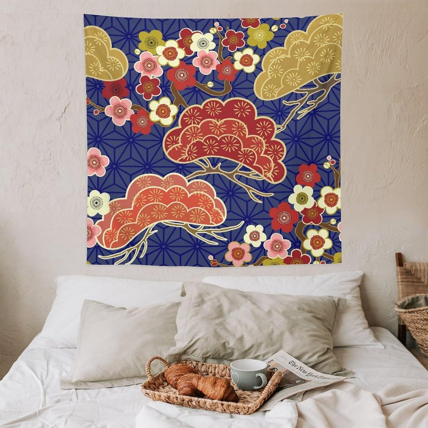 HZOHNAGO Japanese Tapestry Art Abstract Colorful Cherry Blossom Blue Background Pattern Printed Wall Tapestry Painting Wall Hanging for Bedroom Living Room Dorm 60" W x 60" H