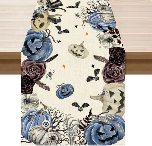 XCHI Spooky Blue Pumpkin Halloween Table Runner Party Table Decoration for Home Kitchen Dining Holiday Decor 13x72 Inch