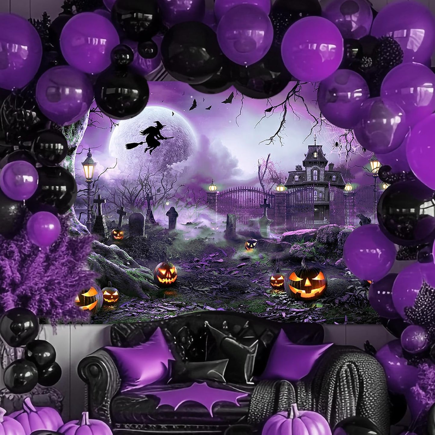 Avezano Halloween Photography Backdrop Full Moon Scary Night Castle Pumpkins Party Background Spooky Witch Bats Cemetery Child Kids Halloween Party Decorations Photoshoot Backdrops (7x5ft, Purple)