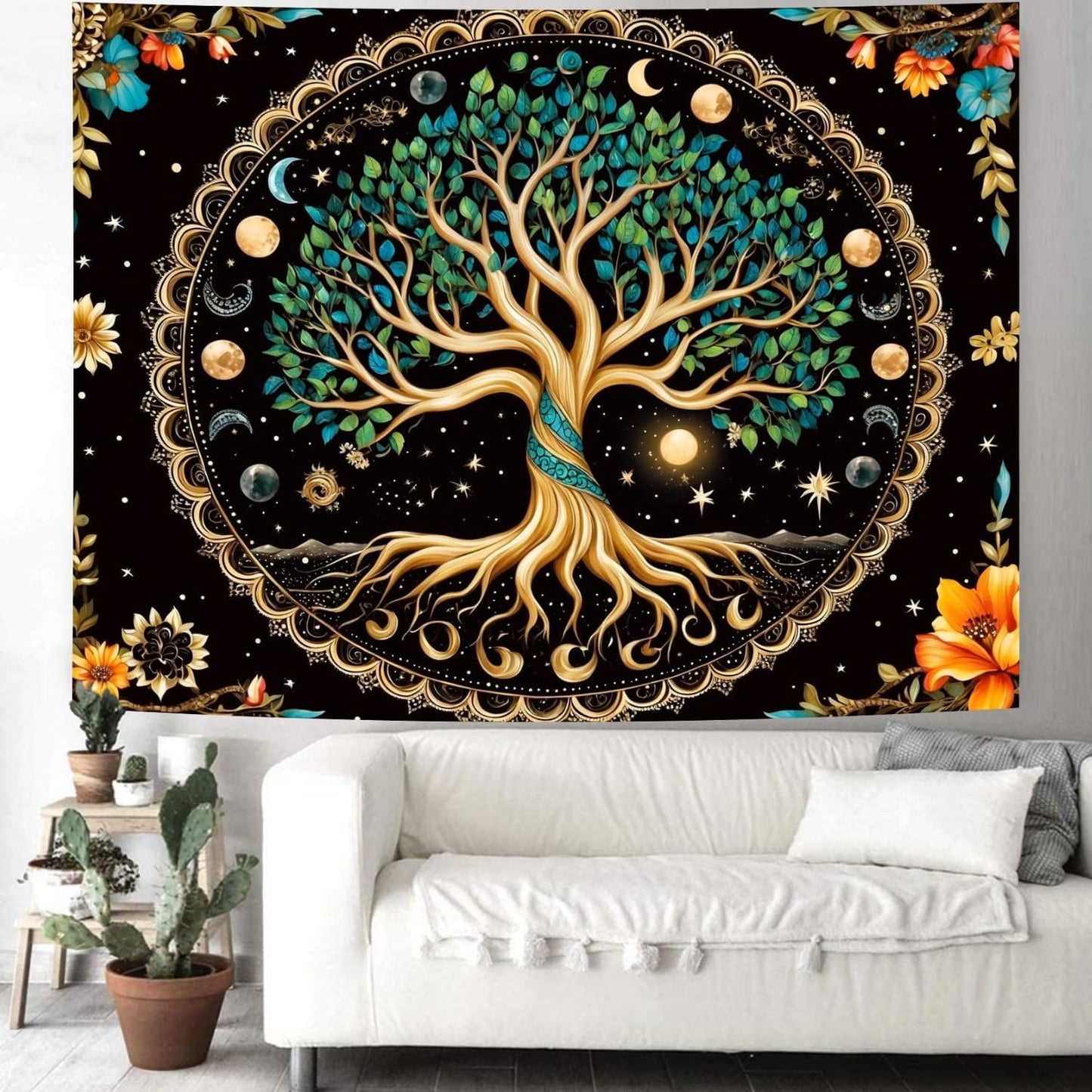 Delur Tree of Life Tapestry Moon Phase Nature Flower Plant Tapestry Wall Hanging Boho Mandala Spiritual Sun Aesthetic Psychedelic Headboard for Bedroom Living Room Home Decor (51.2" x 59.1")