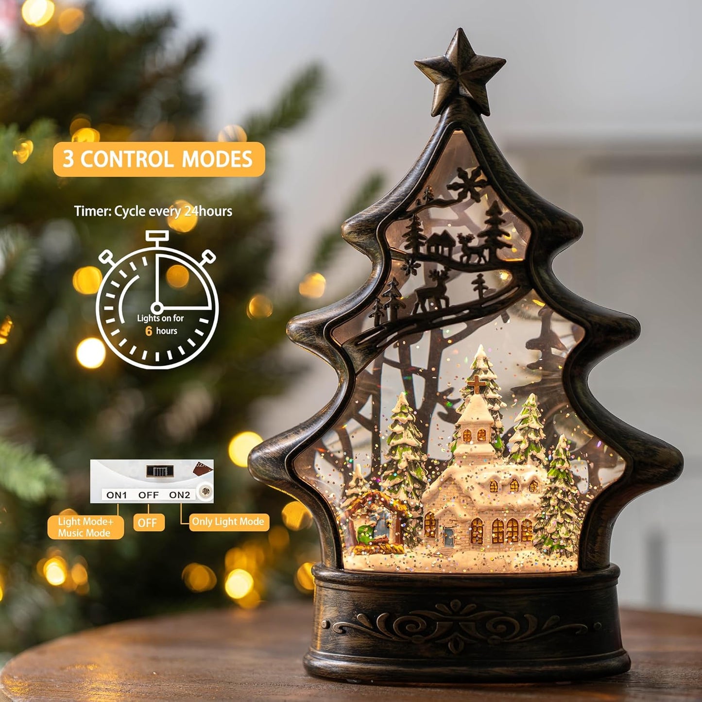 Christmas Snow Globe Lantern Water Glittering Church & Manger Scene with Music & Timer, USB Lined/Battery Operated Lighted Lantern for Christmas Festival Decoration Gifts