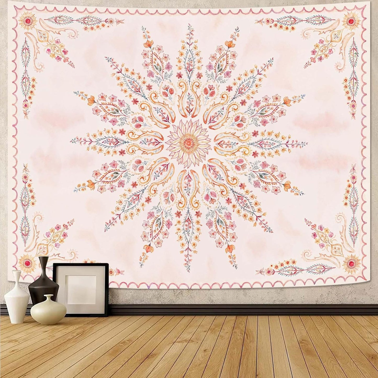 Fowocu Boho Floral Mandala Tapestry for Bedroom Aesthetic Pink Bohemian Flower Wall Tapestry Watercolor Hippie Indian Extra Large Tapestries Wall Hanging for Living Room Dorm Decor 90 x 68 Inch