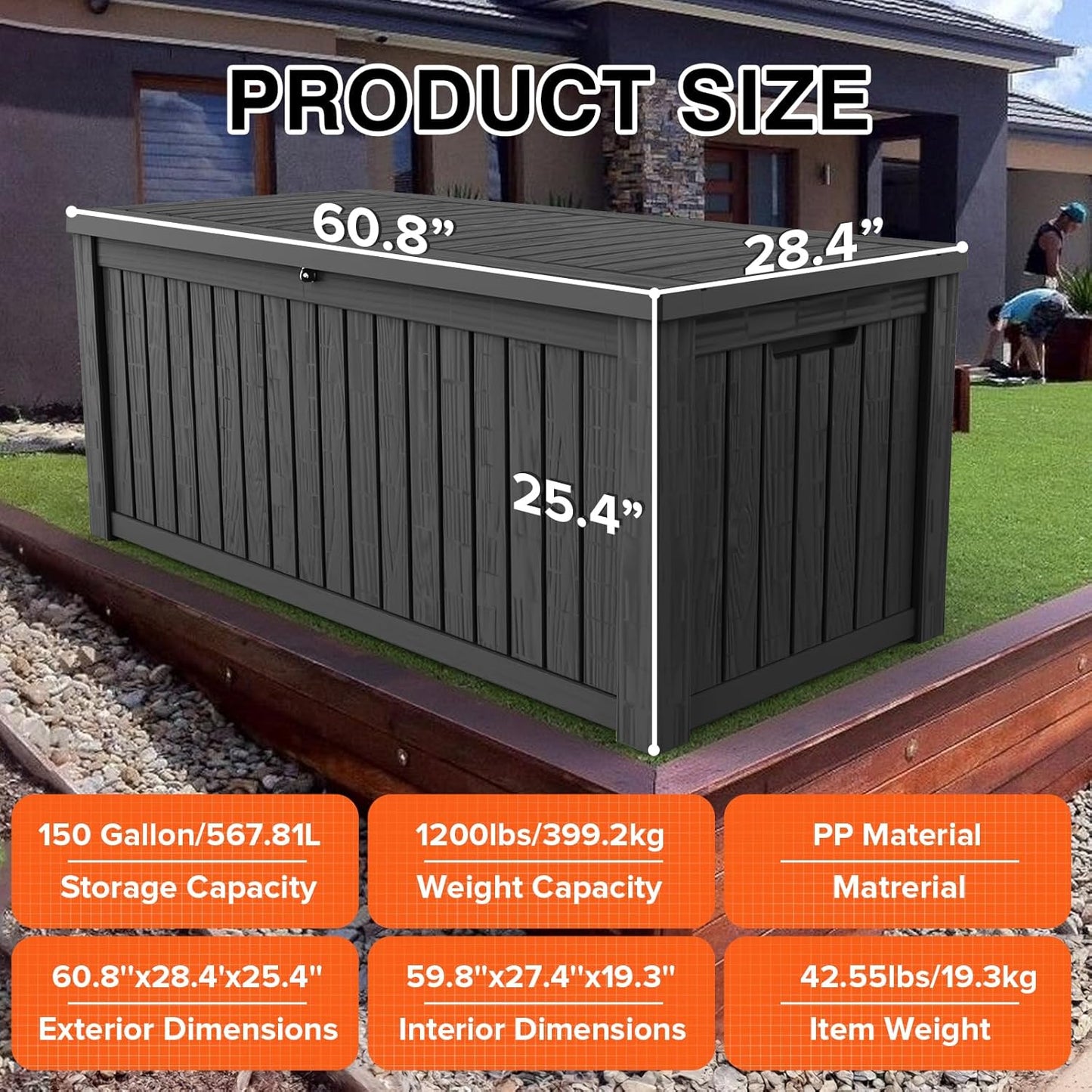 150 Gallon Double-Wall Resin Deck Box - Lockable Waterproof Outdoor Storage Box, 1000lbs Capacity & Doubles as Seating for Patio Furniture - Garden Tools, Pool Accessories (Black)
