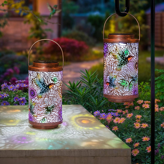 2Pack Solar Lanterns Outdoor Waterproof Hummingbird Colorful Garden Gifts for Mom, Multicolor Solar Lights Lantern for Backyard Garden, Pathway, Outside, Mothers' Day Gifts for Grandma Women