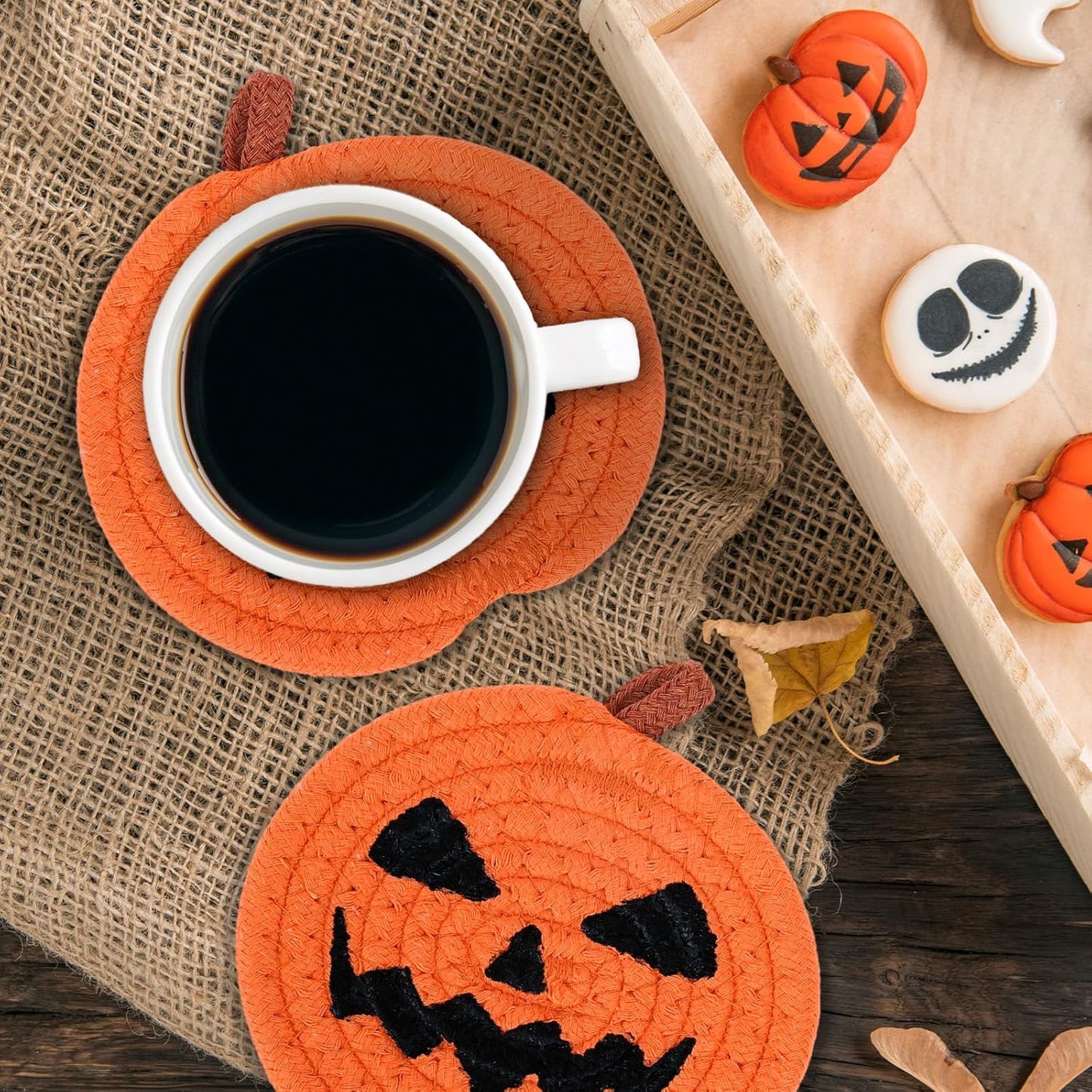 Whaline 4Pcs Halloween Pumpkin Handmade Braided Cotton Coasters Orange Black Pumpkin Shape Drink Coasters Absorbent Cup Coasters for Home Office Party Decor, 4.7 Inch